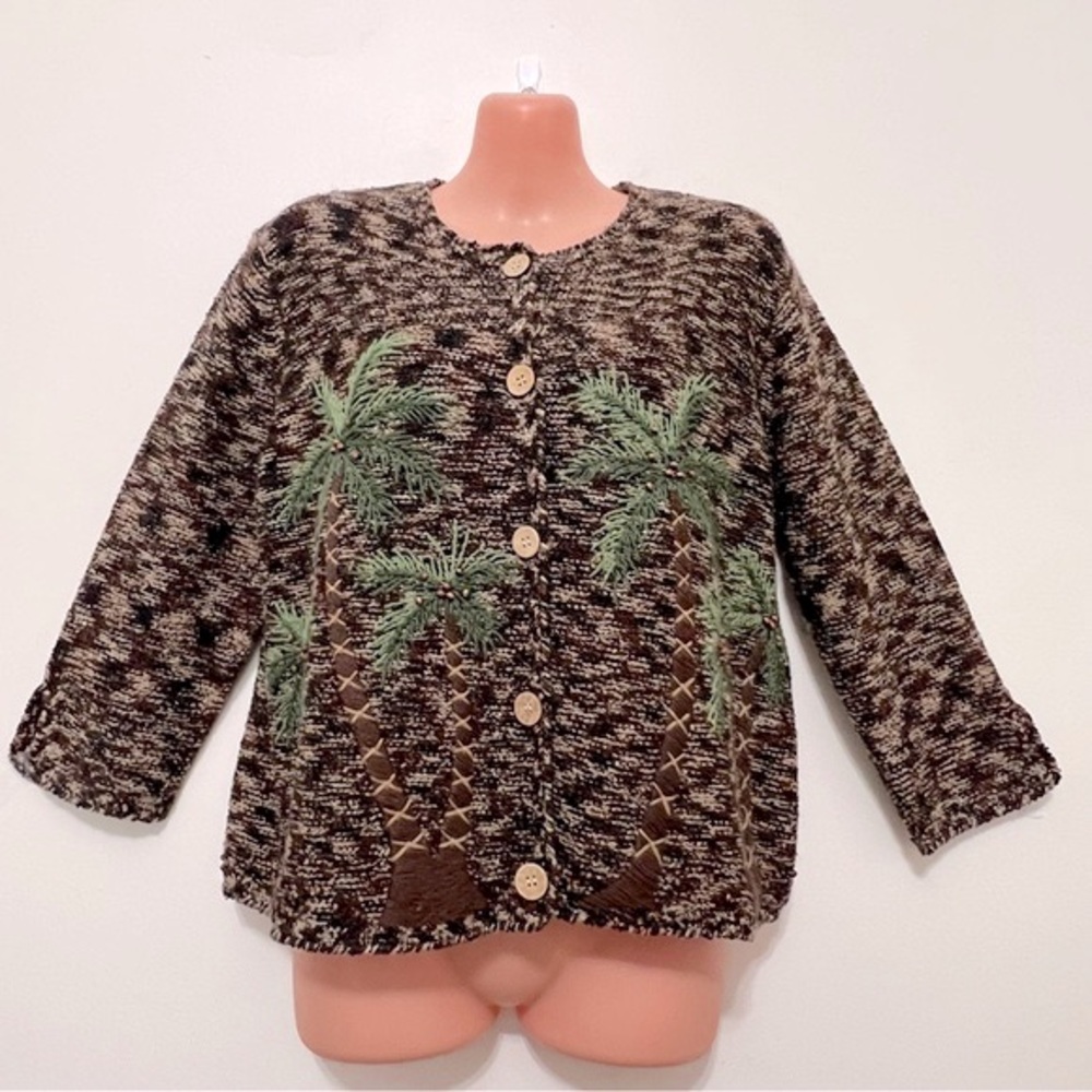 Bellepointe Vintage Palm Tree Cardigan Sweater Embroidery